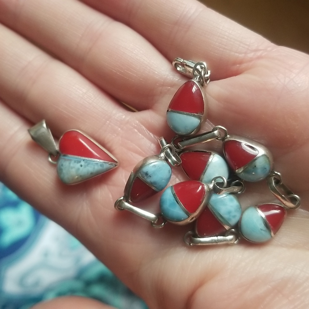 Coral jasper turquoise pendant bracelet set